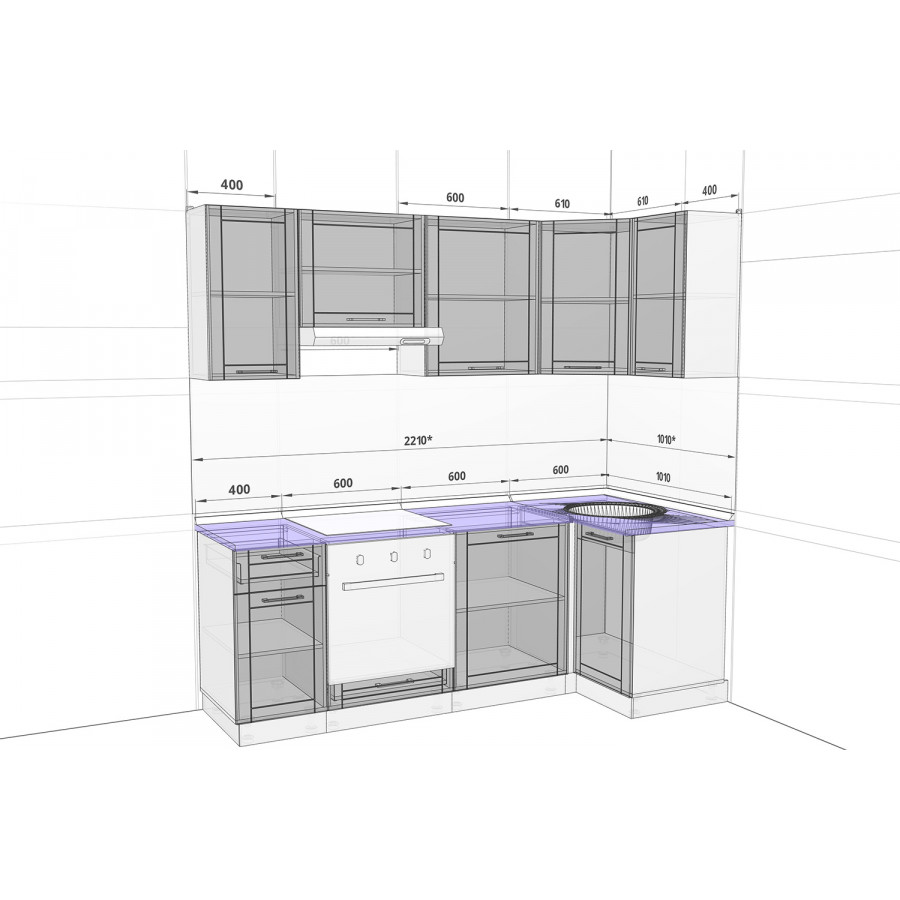 Модульный кухонный гарнитур Стелла 2,21х1,01 м